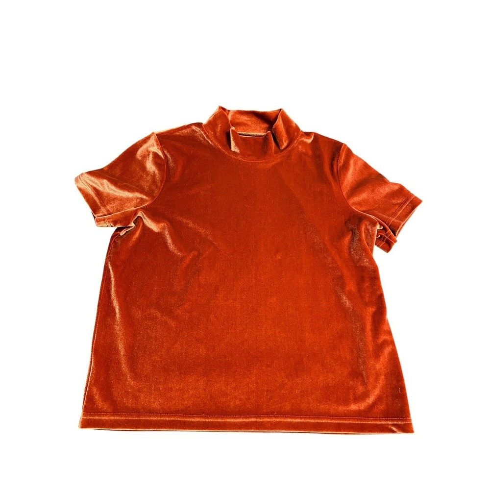 Madewell Velour Velvet Mock Neck Short Sleeve Top Rust Orange Brown Small